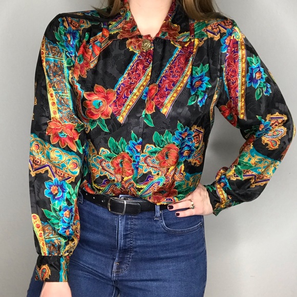 Vintage Floral Rainbow Button Down Long Sleeve Top
